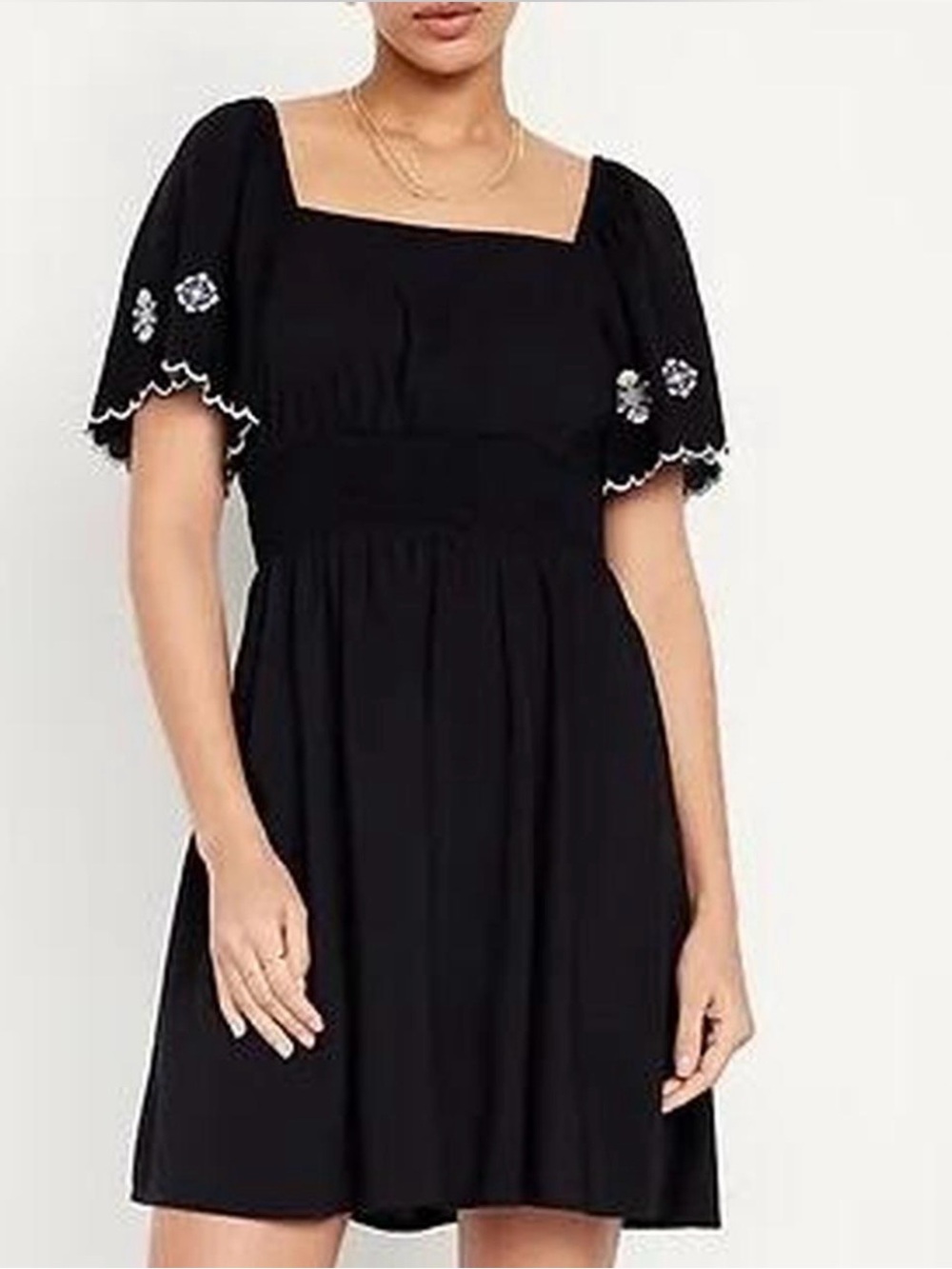 Old Navy Black Square-Neck Dress with Embroidered Flutter Sleeves